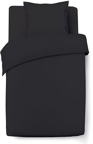 Vision Wende-Bettwäsche-Set 100% Baumwolle - Uni Schwarz - Einzelbett (140 x 200 cm) - Inklusive Bettbezug und Kissenbezug (65 x 65 cm) - 57 Fäden, weich und bequem, Oeko-Tex zertifiziert