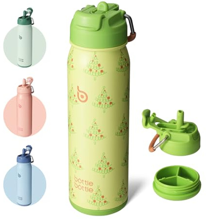 BOTTLE BOTTLE Botella de agua deportiva de 24 onzas, botella de agua aislada de acero inoxidable con popote y soporte para pastillas (árbol)