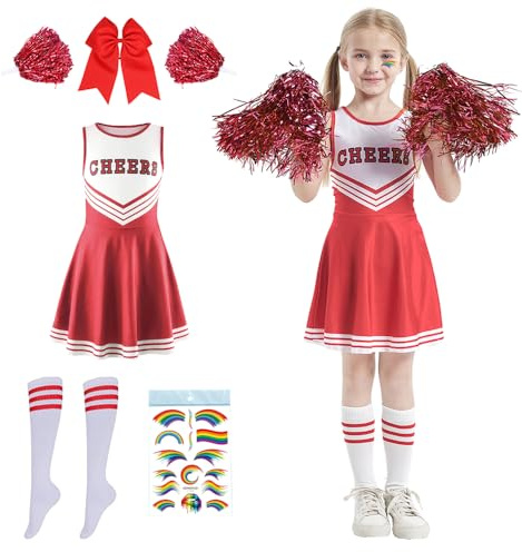 Shengou Cheerleader Kostüm Kinder,Cheerleadering Outfit Mädchen,Cheerleading Uniform Kleid,Kinder Cheer Outfit mit Pompoms Socken,Kinderkostüm Cheerleader,für Karneval Halloween,Fasching,Mottoparty
