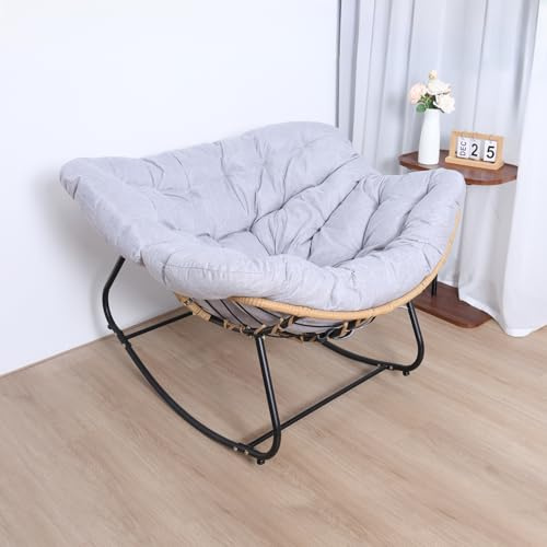 Fukursul Outdoor Rattan Schaukelstuhl, Loungesessel mit übergroßes Kissen, bequemer Terrassen Lesestuhl für Balkon, Veranda, Garten und Wohnzimmer (grau)