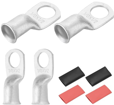 DMiotech 4 capicorda in rame stagnato da 1/0 AWG - 1/2, estremità del cavo della batteria, capicorda in rame resistente con 4 tubi termorestringenti per progetti elettrici, argento