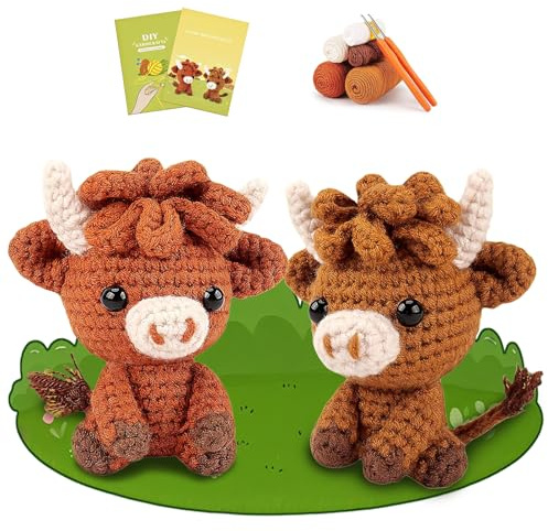 RUIOMII Kuh-Häkeltier-Set für Anfänger, Häkelsets für Erwachsene, 2-teiliges Strickset mit Schritt-für-Schritt-Video-Tutorials