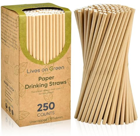 Lives on Green Pailles en papier kraft brun, 19,7 x 0,6cm, pour le lait, le jus, le thé, les boissons chaudes ou froides - 100% biodégradable, 250 pièces