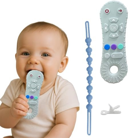 AKJAXQU Mordedor Bebe, Mordedor Bebe Refrigerante，Mando a Distancia Juguetes para Bebés, para 3 a 12 Meses Bebes, con cadena de chupete