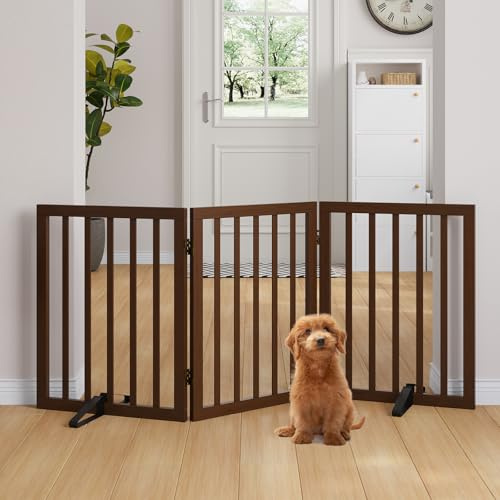 Freistehende Hundegitter für den Innenbereich, 3-teilig, 2 Metallständer, 360°-Scharnier, 61 cm H, faltbar, für Treppen, Türen, Küchen, bis 139,7 cm erweiterbar, komplett montiert, Schwarz Walnuss