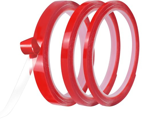 5m Double Sided Tape, 3 Rolls Red Liner Super Strong Sticky Self-Adhesive Tape Super Strong Sticky Self-Adhesive Tapes Red Tapes for Cell Phone Tablet Laptop Wall Photo, 3mm/6mm/9mm