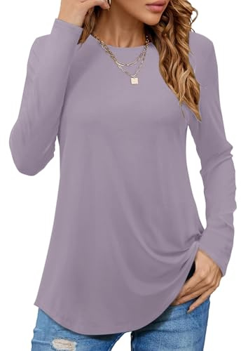 PLOKNRD Camiseta Manga Larga Mujer Cuello Redondo Blusas Verano Elegante Tops T Shirt con Bajo Curvado