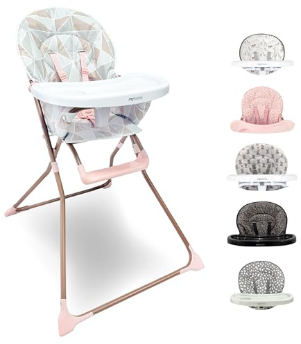 My Babiie MBHC1 Compact Highchair – Ultra Lightweight (5kg), Foldable, Easy Clean, Padded Seat, Footrest, Tray Cup Holder, for Toddler, from 6 Months to 3 Years (15kg) – Rose Geometric