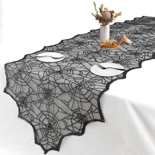 Party Runner Halloween, 45x183 cm Spitze Runner Schwarz, Spitze Tischdecke Tisch, Party Tischdecke Läufer, für Halloween Motto Partys, Festival Tischdeko