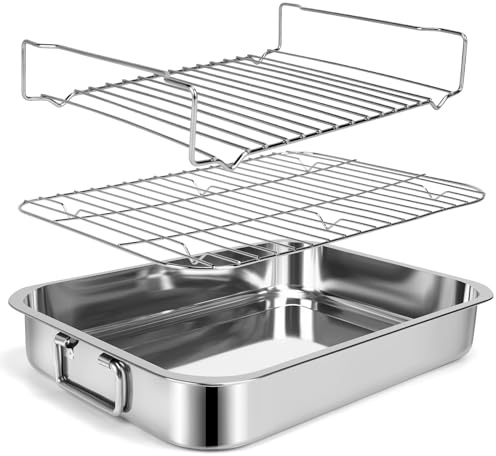 15.5 Stainless Steel Roasting Pans with Handles, Baking Pan for Oven with 2 Racks, Heavy Duty, Dishwasher Safe Rectangular Lasagna Pan with Handles for Turkey Chicken, Silver