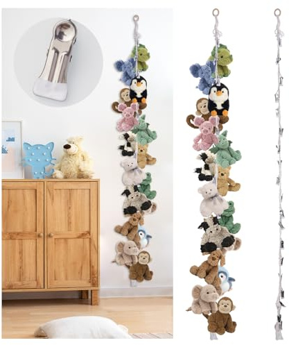 NiHome Cotton Hanging Storage Chain For Stuffed Animals Display Holder with 20 Stainless Steel Clips, 80 Plushies Storage Organizer for Wall/Nursery/Loft Bed,Suit for Toys Photos Hats Artwork, 1 Rope