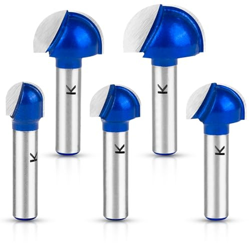 NICAVKIT 5 Stück 8mm Schaft Hartmetall Oberfräser Hohlkehlfräser, 12mm/16mm/19mm/22mm/25.4mm Rund Nase Cove Core Box Fräser kugelfräser Holzbearbeitung Radiusfräser
