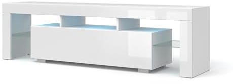 Mueble bajo para TV de 160 cm, color blanco mate/blanco brillante, moderno mueble de salón con espacio de almacenamiento, parte frontal de tablero de fibra de densidad media, barra de cristal (blanco