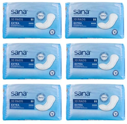 LUNEXA Bundle | Sana Extra Incontinence Pads for Moderate Bladder Weakness – Triple Protection, Secure & Dry, 10 Pads x 6 Packs (60 Pads Total) – Discreet, Comfortable & Odour Control