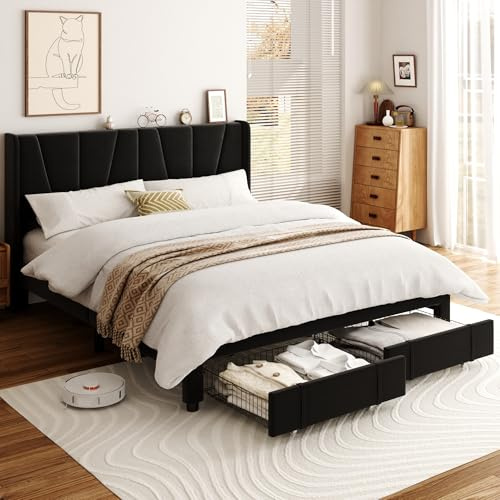 viplov Bett mit Stauraum 180 x 200,Doppelbett, Bettrahmen,Polsterbett mit Stauraum und Lattenrost, unktionsbett Bettgestell,Samt,schwarz