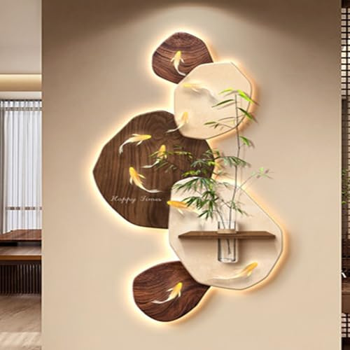 JDPYURV 3D-Wanddekoration mit LED-Licht im Vintage-Stil, Sandstein-Wandskulptur mit Pflanzenhalter und Ablage, große Wandkunst für Flur und Wohnzimmer(C,50 * 100cm/19.7 * 39.4in)
