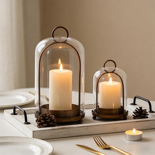 5 & 4 Candle Holders for Pillar Candles, Metal Candle Holder Set with Glass Dome and Hanging Chain Vintage Pillar Candles Holder for Dining Table Fireplace Decoration