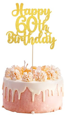 Happy 60th Birthday Cake Topper, Glitter Gold 60th Cake Topper