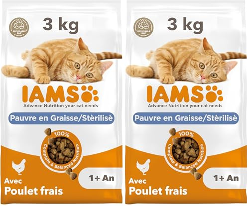 IAMS Advanced Nutrition - Croquettes Allégées - Adaptées aux Chats Stérilisés - Complètes équilibrées - Favorise Le contrôle du Poids - Au Poulet Frais - sans OGM colorants arômes artificiels - 3 kg