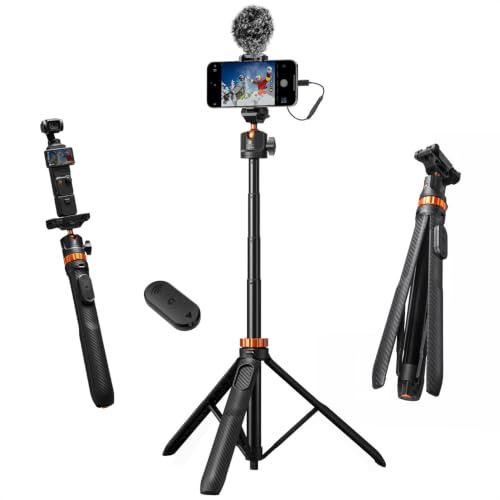 K&F CONCEPT Auto Open 62'' Selfie Stick Tripod with Remote for Vlog | 360° Ball Head Camera Tripod with 2-in-1 Phone Holder, Compatible with DJI Osmo Pocket 3 4 Insta360 Luna Ultra. MS34