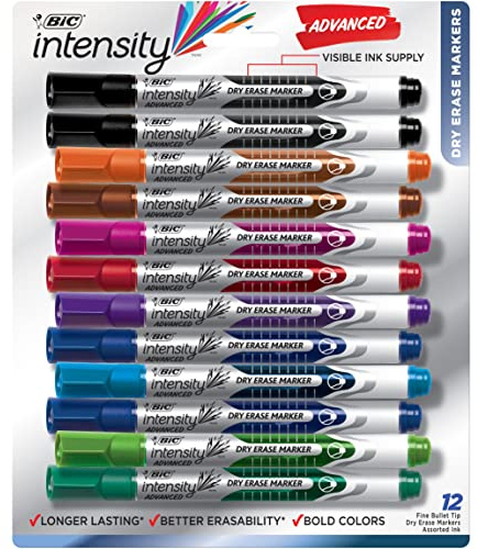 BIC Intensity Advanced Colorful Dry Erase Markers, Bullet Tip, 12-Count Pack of Assorted Colors, Whiteboard Markers for Teachers and Office Supplies