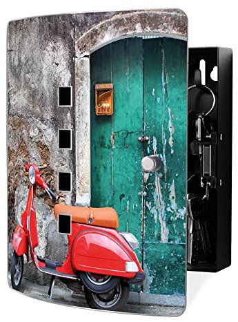 banjado Design Schlüsselkasten aus Edelstahl für 10 Schlüssel/Schlüsselschrank zur Schlüssel Aufbewahrung 24 x 21,5 x 7cm groß mit praktischem Magnetverschluss/Motiv Italienischer Roller