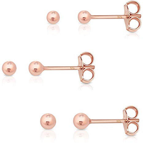 DTPsilver® 3 Paare WINZIGE/KLEINE Ohrringe 925 Sterling Silber Rosen-Gold Überzogen - Runde Kugel Ohrstecker - Durchmesser: 2, 3, 4 mm