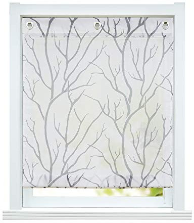 ESLIR Raffrollo ohne Bohren Raffgardine Transparent mit Ösen Gardinen mit U-Haken Ösenrollo Modern Vorhänge Weiß-Grau BxH 100x140cm 1 Stück