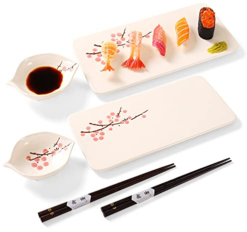 Sushi Plate Set for 2, 6-Piece Japanese Ceramic Sushi Serving Set with 2 Rectangular Plates, 2 Dipping Sauce Dishes & 2 Pairs Chopsticks, Sakura Pattern Dinnerware for Sushi, Sashimi & Appetizers