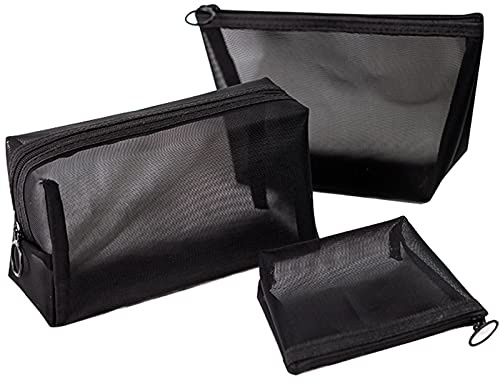 Meshväska med dragkedja, praktisk makeupväska för damer, fashionabel necessär, kosmetikaväska, set med 3 storlekar, svart resenecessär för flygresa, flygplan, badrum
