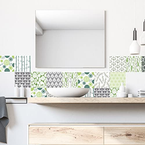 Adzif.biz Le sticker de decoration - Natur Green - Dimensions d'un Sticker : 15 x 15 cm / 150 x 150 mm - Planche de 12 Stickers Autocollants Adhesifs Carrelage - Autocollant de Carreaux