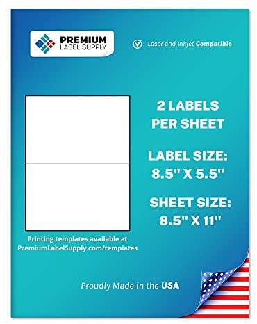 Premium Label Supply White Sticker Half Sheet Labels – 8.5 x 5.5 – Laser/Inkjet Compatible – (2 per Sheet), 25 Sheets - 50 Total Adhesive Labels
