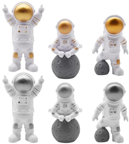 Regerly Figura de Astronauta, 6PCS Adornos de Astronauta Figura Decorativa de Astronauta Decoración De Pastel De Astronauta Cake Topper Decoración de Tartas Decoración de Escritorio Oro Plata (6)