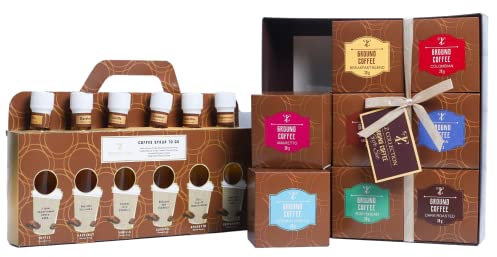 Coffee Gift Set - Premium Gourmet Ground Coffee Selection Of 9 Assorted Flavours And Coffee Syrup Set Selection Of 6 Flavours Bundle| Hampers for Couples - Father's Day Gifts Set