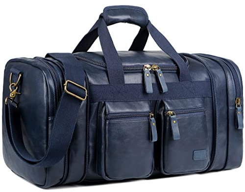 Reisetasche aus veganem Leder, Wochenendtasche, Handgepäcktasche, Übernachtungstasche, Sporttasche für Damen und Herren HB-21, Blau, Reisetasche aus Leder