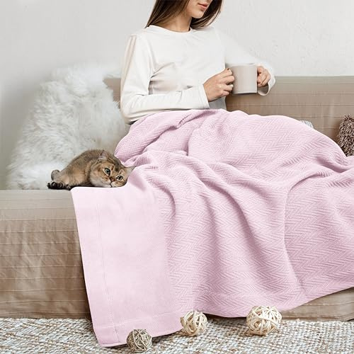 THREAD SPREAD Organic GOTS Certified Cotton Blanket, Twin/Twin XL - 350 GSM, Antistatic, Fuzzy Soft, Lightweight, Sofa, Camping & Travel, All-Season Herringbone Throw, Blush + Stylish Bonus Tote Bag