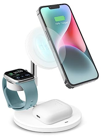 Caricabatterie wireless 3 in 1 da 15W compatibile con MagSafe per iPhone, smartphone Android, Apple Watch, AirPods, stazione di ricarica con funzione stand e 1 uscita USB-C, cavo di ricarica incluso
