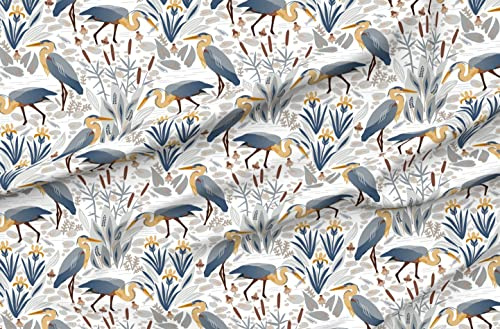 Spoonflower Fabric - Bird Orange Fish Gray Pond Iris Lake Heron Wildlife Cattail Wetland Printed on Polartec(R) Fleece Fabric by The Yard - Sewing Blankets Loungewear and No-Sew Projects