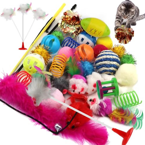QUOZUO 32 Pack Cat Toys Variety Pack - Cat Balls, Feathers, Mice, Crinkle Balls, Catnip Toys for Indoor Kittens