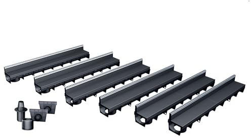 MEA Pack de 6 Caniveaux Extérieurs MEAPARK – Grille à Fente en PP Recyclé + Profil E-Blade L en INOX – Drainage Terrasse, Piscine, Jardin – Classe A15 Piéton – Largeur utile 10 cm
