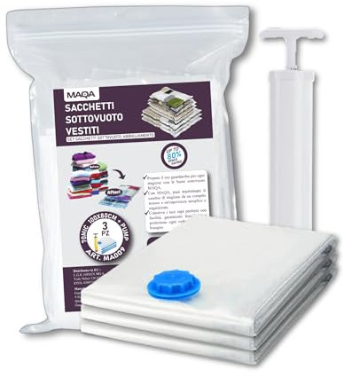 MAQA Sacchetti Sottovuoto Vestiti per Indumenti con Pompa a Vuoto - Sottovuoto Riutilizzabili per Coperte, Piumoni, Cuscini, Lenzuola - Sacchetti Salvaspazio e per Viaggio (80x100 cm, 3 unità)