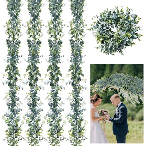 FZENeast 4 Stück Künstliche Eukalyptus Girlande, 165 m Lange Künstliche Eukalyptus Deko mit Weiße Blume, Grüne Pflanze Hängepflanze für Mittelstück Party Tischdeko Hochzeit Dekoration