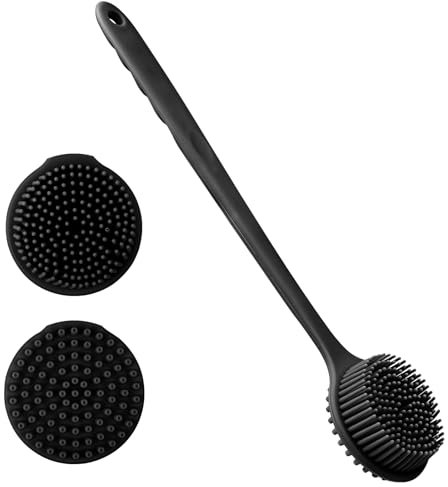 Silicone Body Scrubber with Long Handle, Double Sided Back Scrubber Shower Bath Wash Brush Exfoliating for Women Men Sensitive Skin Shower Spa Massage (Black)
