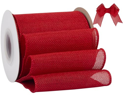 Tekdeere Juteband mit Drahtkante, 100 mm x 9 Meter, Rot – Für Bastelarbeiten, Geschenkverpackung, Kränze, Schleifen, Baum- und Außendekoration