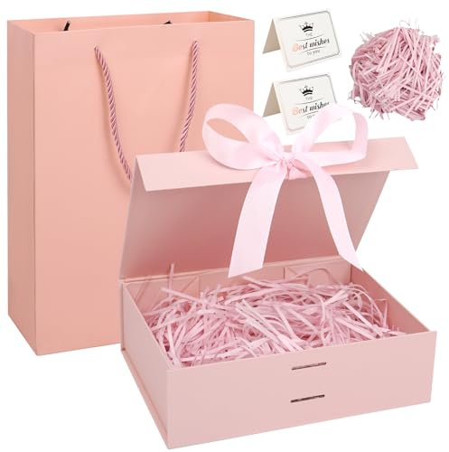 Realjoy Presentask med lock, presentförpackning 23 x 17 x 7 cm, presentlådor med rosett, gratulationskort, presentpaket för födelsedagar, bröllop, alla hjärtans dag, jul (rosa)