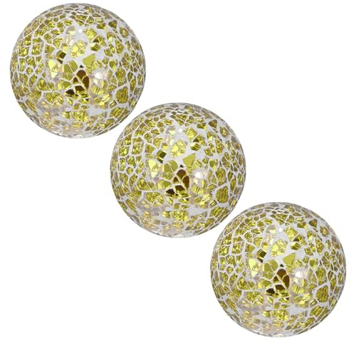 M METERXITY 3-Pack Decorative Ball 2.4 in Mosaic Glass for Bowls, Gold | Decorative Glass Orbs, for Home Decor, Dining Tables, Wedding Party, Coffee Table, Centerpiece Decor