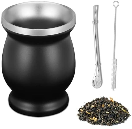 Mate Becher, Mate Tee Set, Becher Set aus Edelstahl, mit Stroh und Reinigungsbürste, Doppelwandigen, 230ml, für den Einsatz in Haushalten, Restaurants und Hotels, Geschenke für Freunde, Schwarz