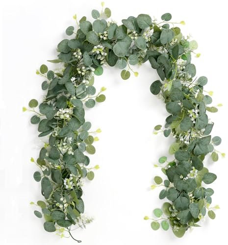 SOMYTING Künstliche Girlanden Eukalyptus mit Weidenblättern Grüne Blätter Weiße Blume Girlande Künstliche Pflanze Hängepflanze für Hintergrund Hochzeit Dekoration Tischläufer Mittelstück