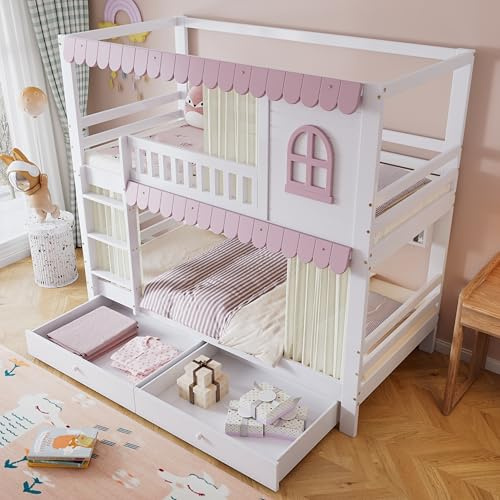 Dolamaní Etagenbett 2 Kinder 90x200 cm Mit Fenstern und Fallschutzgitter, 2 Stauraum Schubladen mit Rollen, Rosa Traufe (Weiß+Rosa B(Mit Bettvorhang))