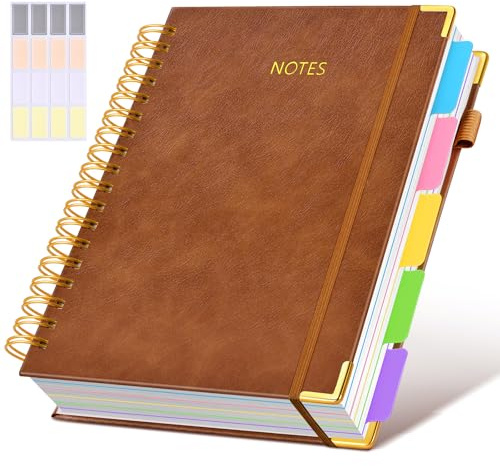 Hardcover Spiral Notebook Journal with Removable Dividers Tabs, 300 Pages Leather 5 Subject Notebook College Ruled, 8x10 Large B5 Notebooks for Work School, Lined Journal for Women, Light Brown